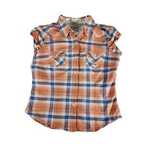 Roper Womens Sleeveless Western Plaid Shirt Orange Blue Cotton Small Cap Sleeve